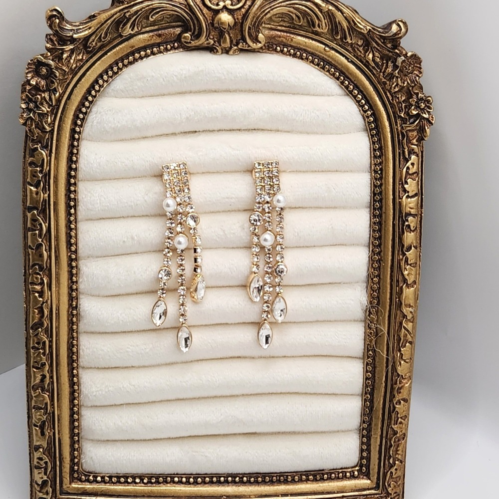 Rhinestone Faux Pearl Tiered Chandelier‎ Drop Earrings Glam Prom Coquette Gala